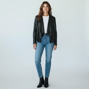 Blank NYC Croc Embossed Faux Leather Draped Front Moto Style Jacket Black Large